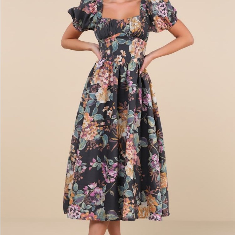 Lulu's Black Floral Midi Dress with Pastel Blooms